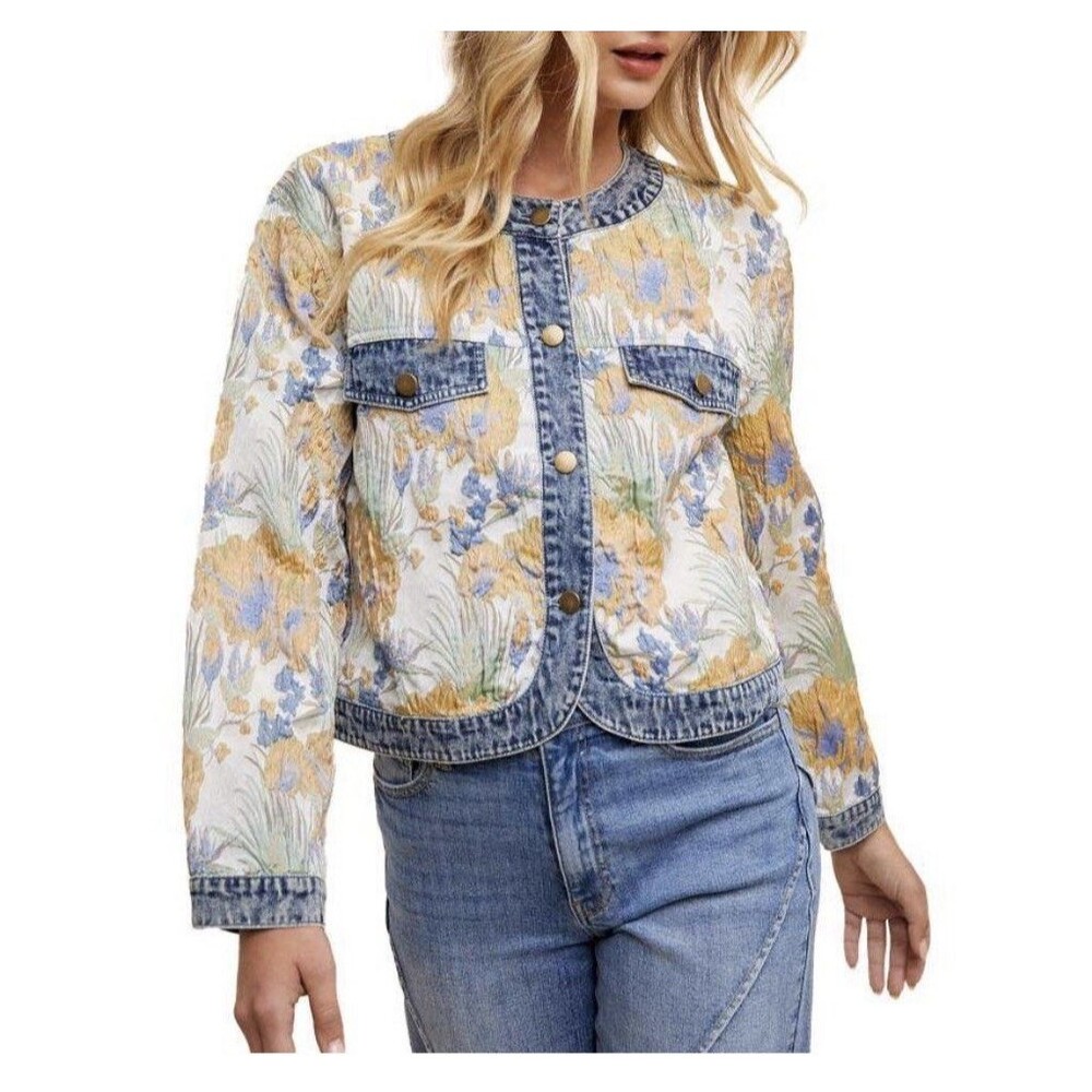 Floral Tapestry Denim Trim Jacket L Boho Floral Feminine Romantic Cottagecore